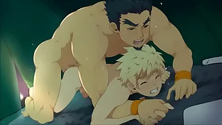 Anime blonde boy having fun at hand older man